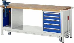 Werkbank mit absenkbarem Fahrgestell Modell 8187, B 2000xT 700xH 880mm, Buche-Massiv-Platte 40mm