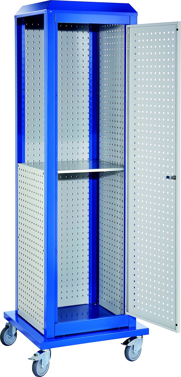 Tooltower, 2175x700x700 mm HxBxT, mit je 2 aussen-/innenliegende Lochplatten und 1 Lochplattentüre, ganze Höhe, mit 1 aussenliegenden Lochplatte halbe Höhe, 1 Fachboden