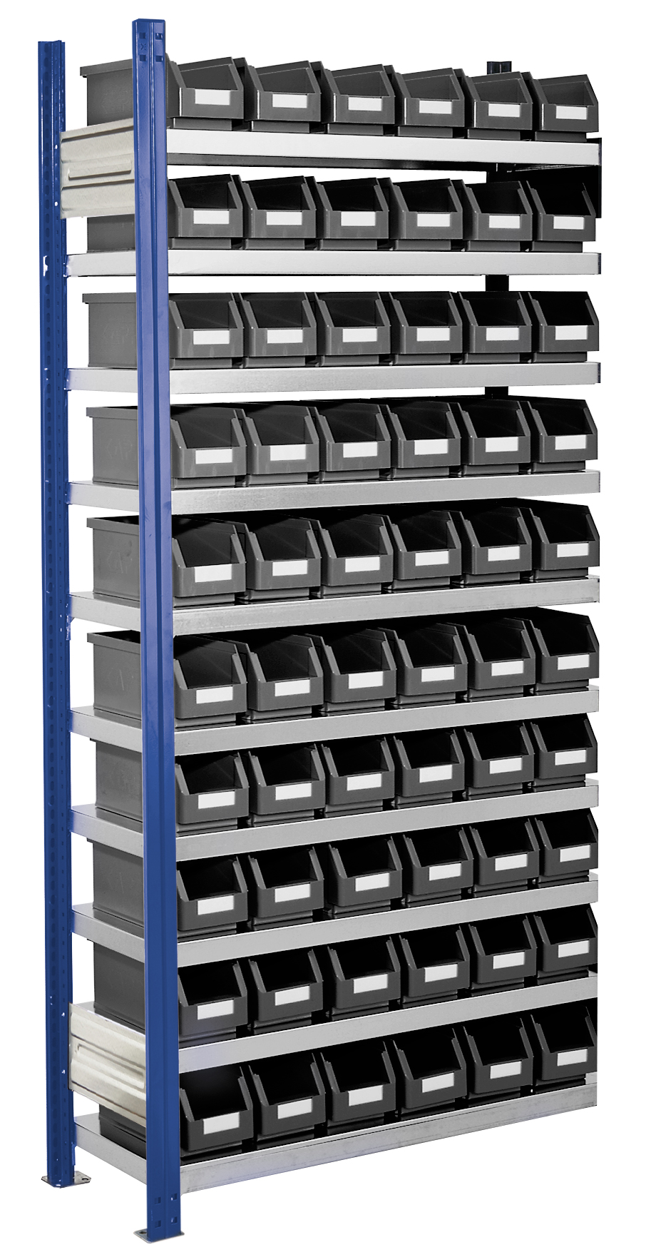 Sichtlagerkästen-Anbauregal, Modell 11, Profile RAL 5010 enzianblau