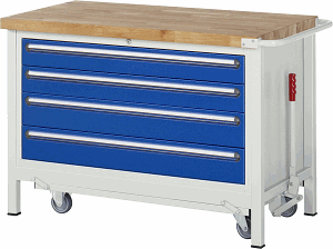 Werkbank mit absenkbarem Fahrgestell Modell 8362, B 1250xT 700xH 880mm, Buche-Massiv-Platte 40mm