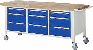 Fahrbare Werkbank Modell 8573, B 2000xT 700xH 880-1080mm, Buche-Massiv-Platte 40mm