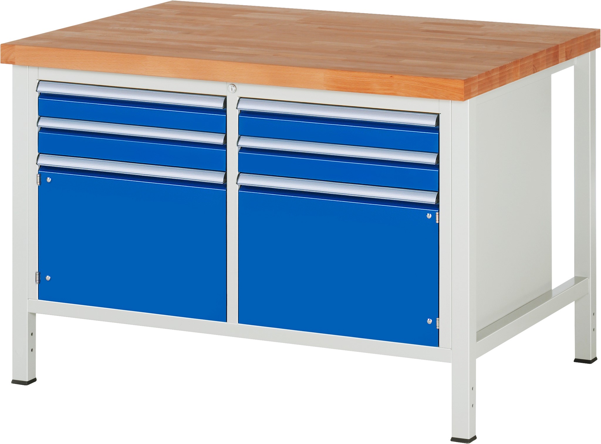 Werkbank Modell 8469, B 1250xT 900xH 840-1040mm, Buche-Massiv-Platte 40mm