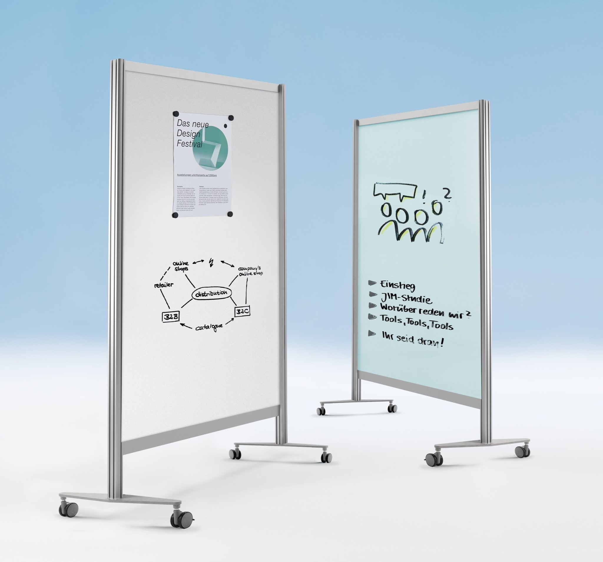 Mobile Trennwand / Moderationswand, 1 Seite Glastafel/1 Seite Whiteboard