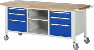 Fahrbare Werkbank Modell 8564, B 2000xT 700xH 880mm, Buche-Massiv-Platte 40mm