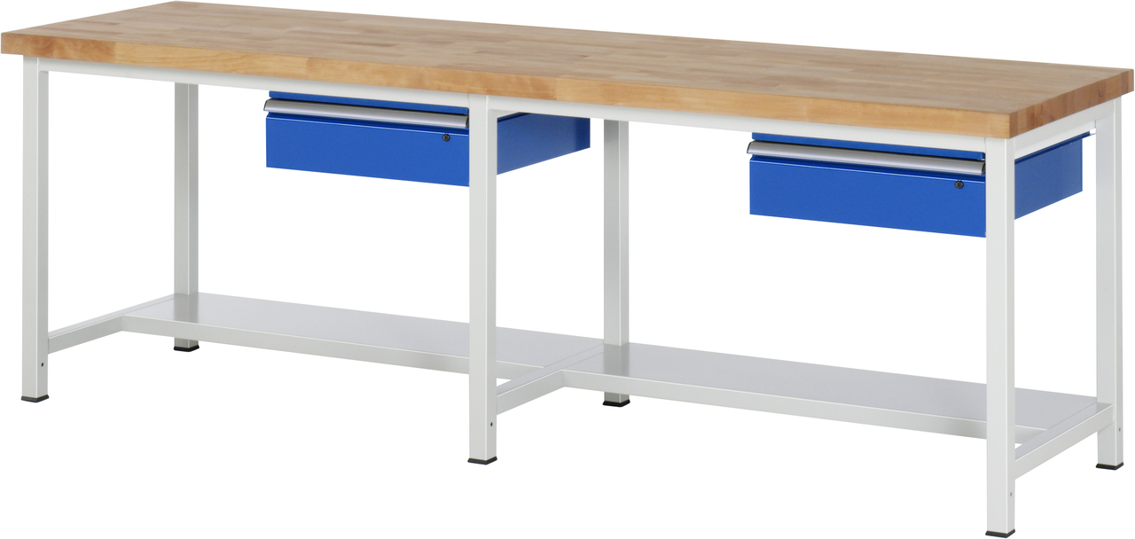 Werkbank verstellbare Höhe, B 2500xT 900xH 840-1040mm, Buche-Massiv-Platte 40mm