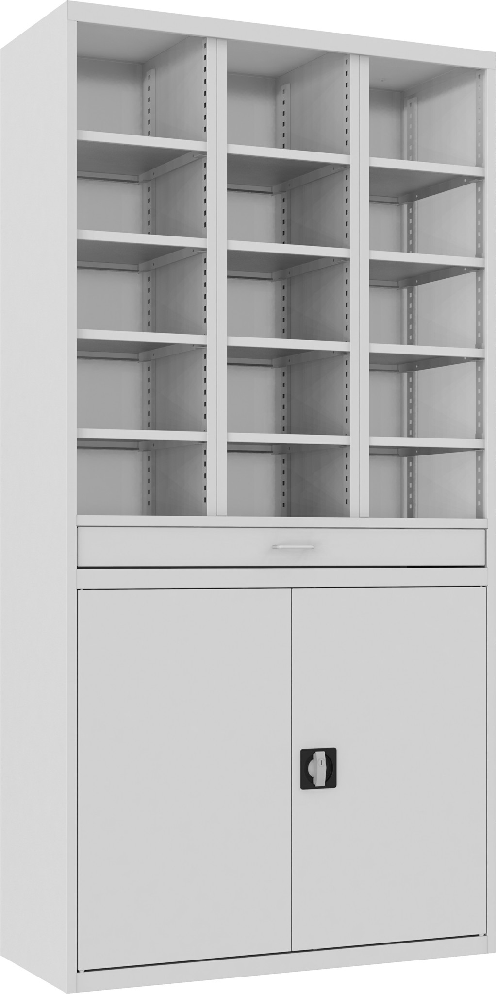 Fächerregal mit Ablage und Schrank, 1990 x 1000 x 435 mm HxBxT, SBMK 1