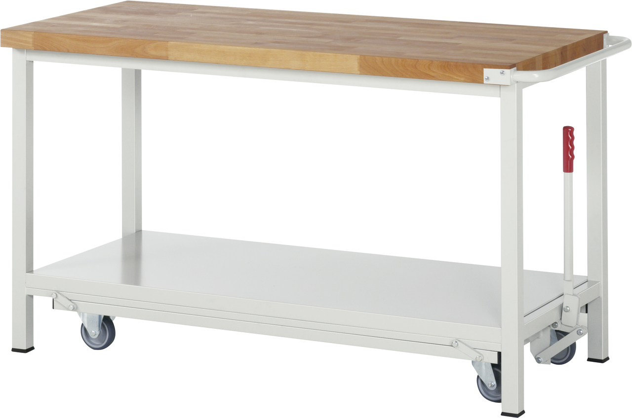 Werkbank mit absenkbarem Fahrgestell Modell 8000, B 1500xT 700xH 880mm, Buche-Massiv-Platte 40mm