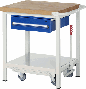 Werkbank mit absenkbarem Fahrgestell Modell 8001, B 750xT 700xH 880mm, Buche-Massiv-Platte 40mm