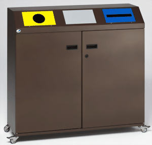 Wertstoffsammelstation WS 97 Korpus deepbraun, runde Öffnung gelb, Klappe silber, Schlitz blau