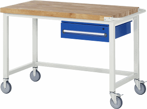 Fahrbare Werkbank Modell 8001, B 1250xT 700xH 880-1080mm, Buche-Massiv-Platte 40mm