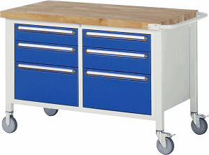 Fahrbare Werkbank Modell 8475, B 1250xT 700xH 880-1080mm, Buche-Massiv-Platte 40mm